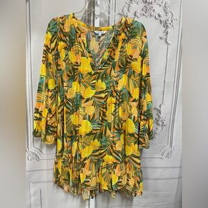 Blue Island Pintucked Ruffled Tunic Swim Cover Beach Lemon Orange 1x Dress